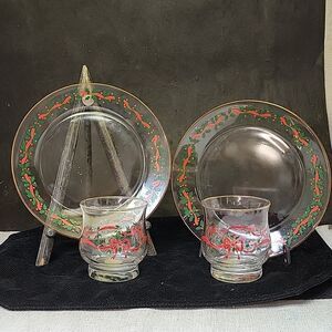 Libbey Vtg. Arby's Christmas  Holly Berry  2 old fashion Glasses And 2 8" Plates